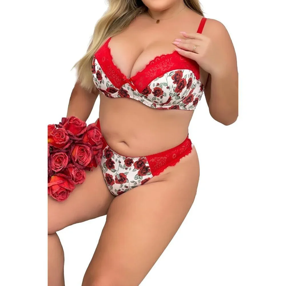 WOMEN'S Red Floral Sexy Lace Push Up Bra & Babydoll Nightwear Lingerie Set